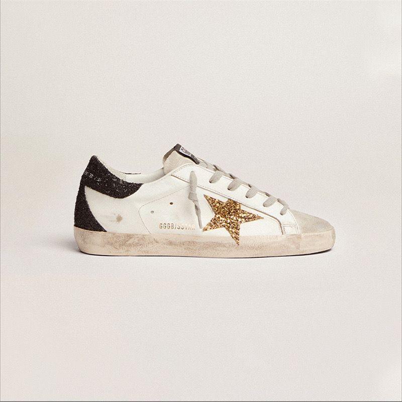 Golden Goose Super Star Shoes  Black Glitter Heel Gold Glitter Star