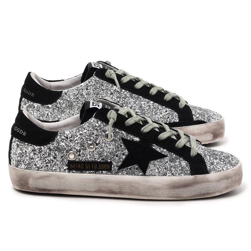 Golden Goose Super Star Shoes  Black Heel & Star - All Silver Glitter